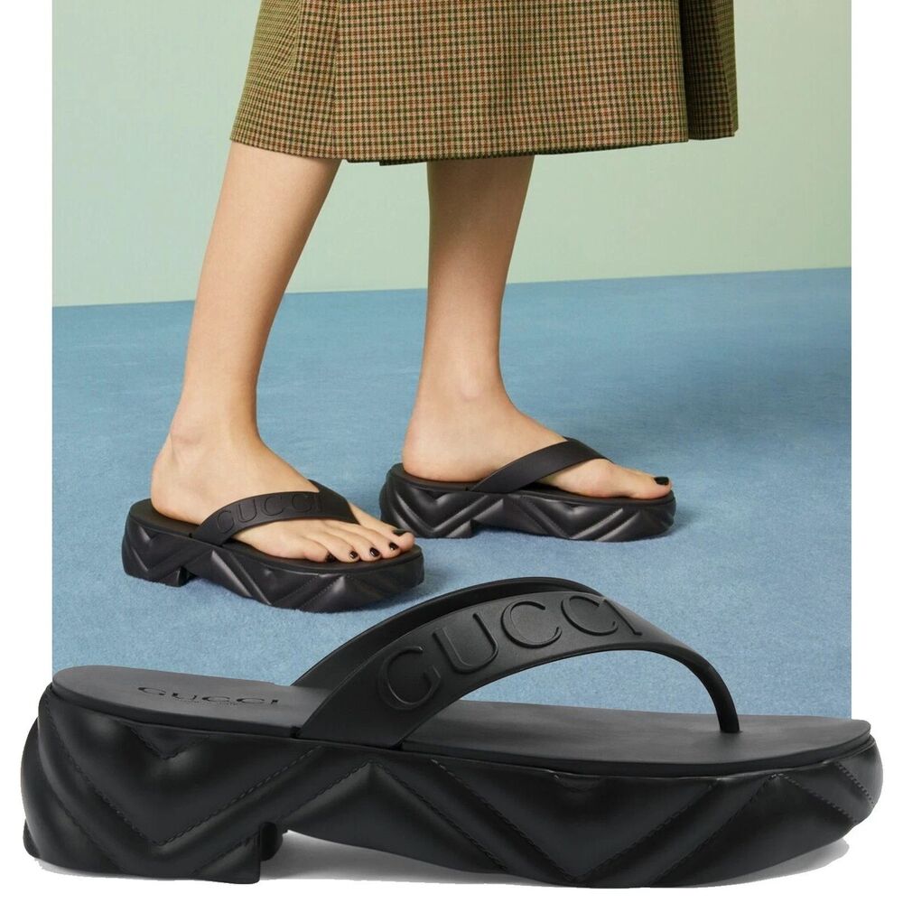 Gucci Rubber Marmont Flatform Embossed Thong Sandals Womens 8